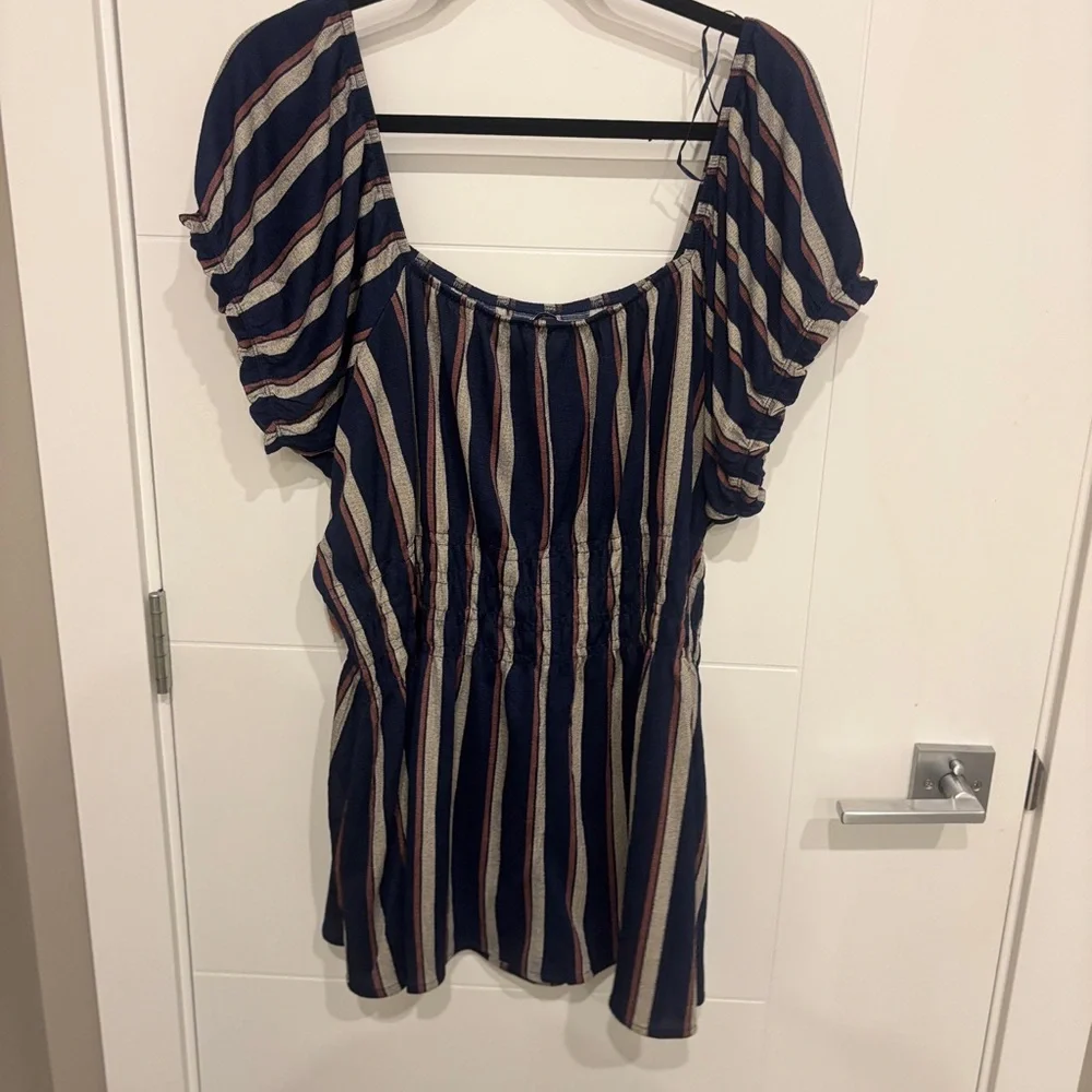 NWT My Style Striped Navy Short Sleeve Smocked Waist Peasant Tunic Top - Picture 7 of 7